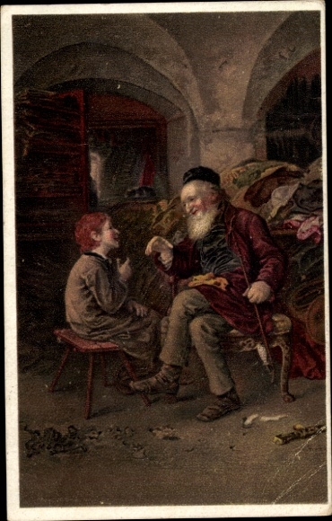 Judaica artist Postcard Knauss, Solomonic wisdom, old man with pipe and boy