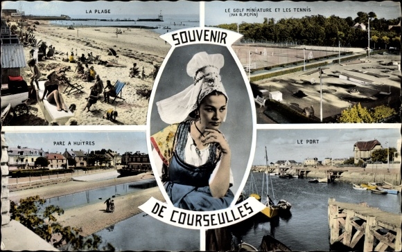 Ak Courseulles Calvados, Plage, Port, Parc à Huitres, Golf Miniature, Tennis, Tracht