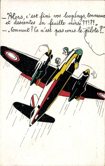 Künstler Ak Flugzeug, Alors, c'est fini vos loopings, tonneaux et descentes in feuille morte, Humor