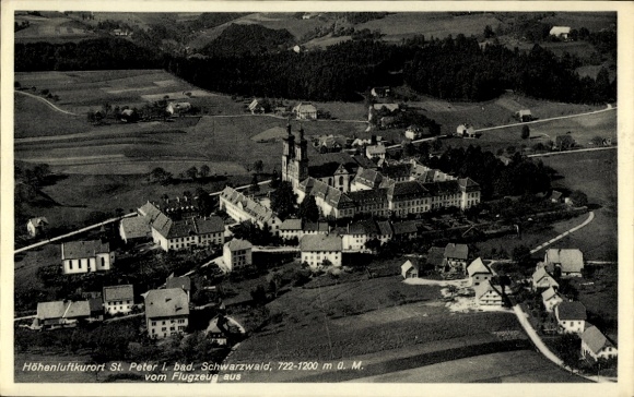 Postcard St. Peter im Schwarzwald, aerial photograph of St. Peter, Black Forest, high-altitude health resort, 722-1200 m