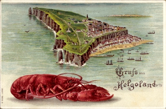 Chromo-Litho Heligoland in Schleswig Holstein, total view of the island, lobster