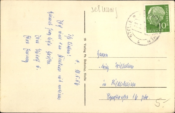 Postcard spot in the district of Harburg, Unter den Linden, main street, pine, short heath, gymnastics and sports club