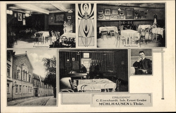 Postcard Mühlhausen in Thuringia, establishment C. Eisenhardt, music room, billiard room