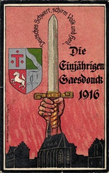 Studentika coat of arms Postcard Goch am Niederrhein, one-year anniversary 1916