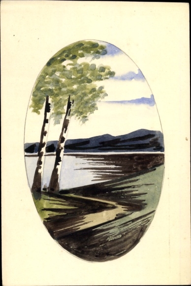Postcard Schönfels Lichtentanne near Zwickau, painting of a riverside landscape with two birches, behind them...