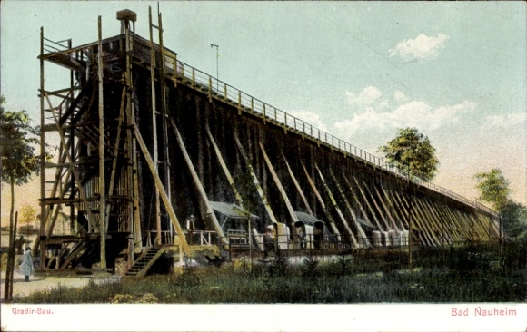 Postcard Bad Nauheim in Hesse, graduation building, large wooden construction, forest, people