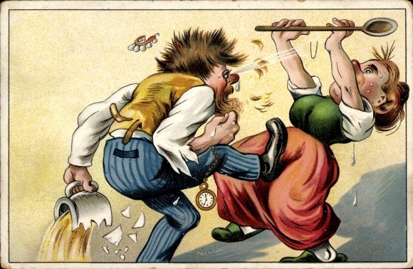 Postcard Man with broken beer mug fights with woman