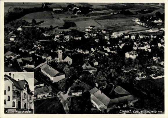 Postcard Bad Endorf in Chiemgau Upper Bavaria, aerial photograph, Kaffee Patschelder