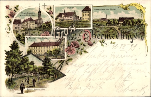 Chromo-Litho Obermedlingen Medlingen Swabia Bavaria, summer cellar, former monastery, brewery, monastery church