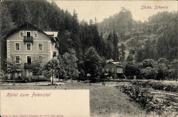Ak Rosenthal Bielatal Saksisch Zwitserland, Hotel zum Polenztal, bouwen in de natuur, bos, rivier
