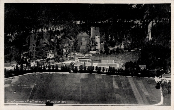 Postcard Blaubeuren in the Alb Donau district, outdoor pool, aerial photograph