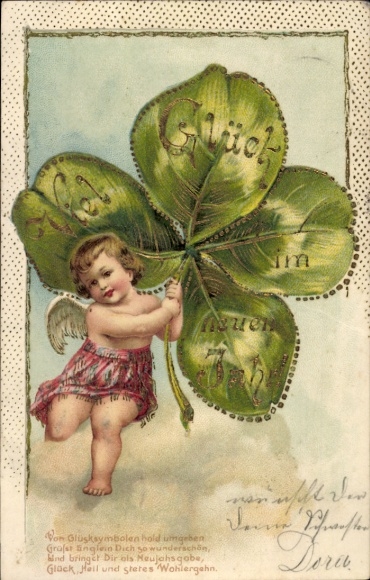 Embossed Glitter Postcard Happy New Year, Angel with Cloverleaf