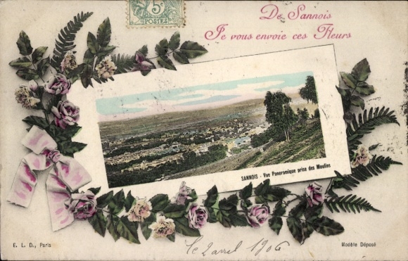 Ak Sannois Val d’Oise,  mit Blumenkranz, Panoramaansicht von  französischer Text