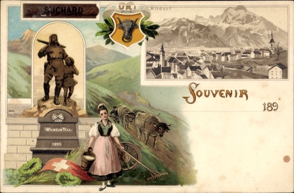 litho Altdorf Kt. Uri, Tell-monument, vrouw in kostuum, uitzicht op de stad, advertentie Suchard