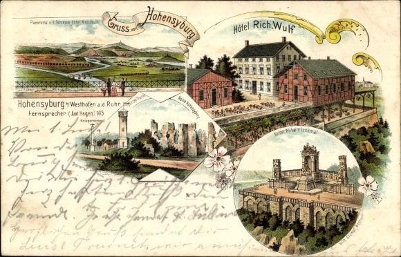 Litho Hohensyburg Syburg Dortmund Noordrijn-Westfalen, Kaiser-Wilhelm-monument, hotel