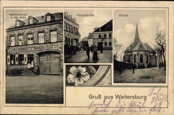 Ak Weitersburg am Rhein, Gastwirtschaft Jak. Hahn, Hauptstraße, Kirche