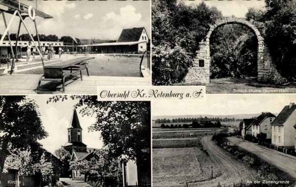 PC Obersuhl Wildeck Hesse, on the zone border, Blumenstein castle ruins, church, swimming pool