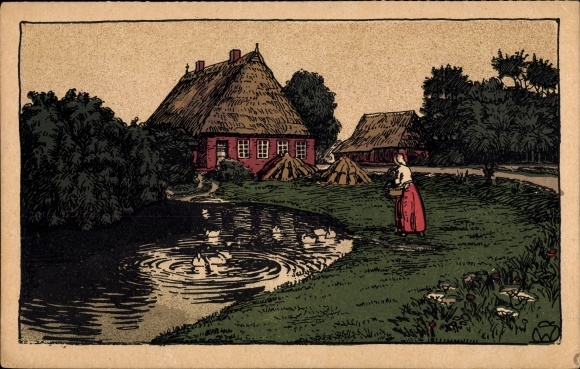 KP litografia Dom wiejski w Szlezwiku-Holsztynie, nad rzeką