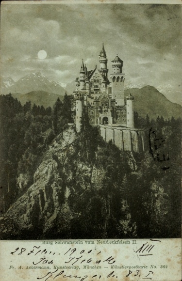 Moonlight Postcard Hohenschwangau Schwangau in the Ostallgäu, Neuschwanstein Castle