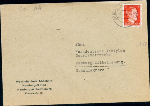 (24) Hamburg Wilhelmsburg 1 / e / 04.10.1944 Brief mit 8 Pf Hitler