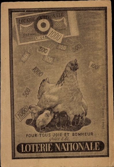 Postcard Pour tous joie et Bonheur, Loterie Nationale, chicken family, banknotes