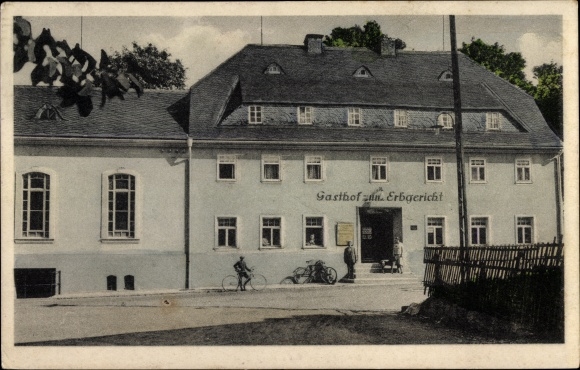 Postcard middle Drebach in the Ore Mountains, inn to the inheritance court