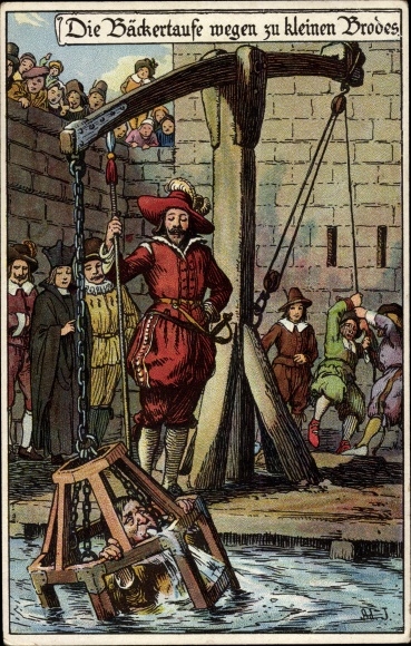 Artist Chromo-Litho Jodolfi, The baker&#39;s baptism because of too small bread, punishments in the Middle Ages