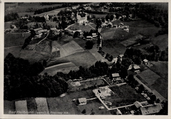 Postcard Bad Heilbrunn in Upper Bavaria, aerial view of rural surroundings, houses, forests