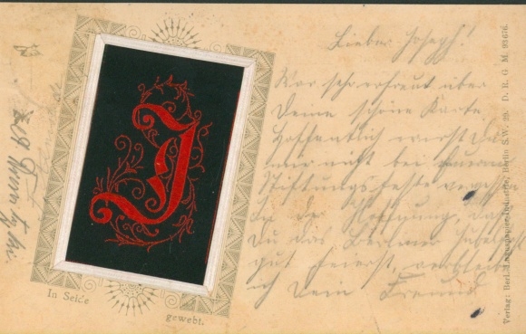 Silk embroidery letters Postcard letter J, woven in silk