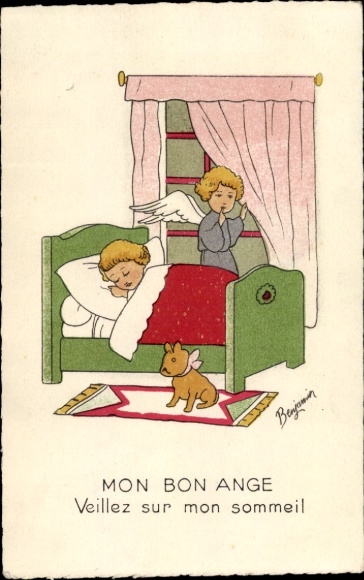Künstler Ak Kind schläft im Bett, Engel am Fenster