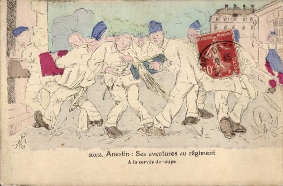 Künstler Ak Französische Soldaten, Anestin, Abenteuer im Regiment beim Suppendienst