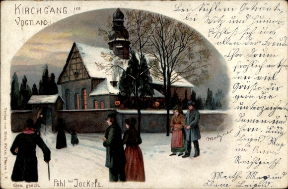 Artist Chromo-Litho Metzner, Pöhl Vogtland, church service in winter, church, traditional costume
