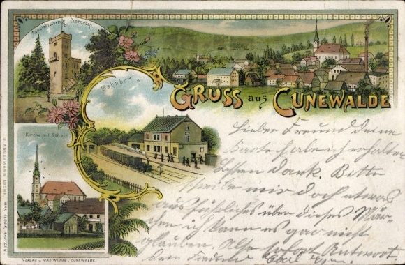 litho Cunewalde in Oberlausitz, algemeen uitzicht, kerk, school, treinstation