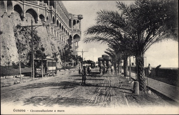 Postcard Genova Genua Liguria, Circonvallazione a mare, Straßenbahn, Palmen