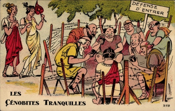Artist Postcard Les Cenobites Tranquilles, men playing dice behind barbed wire