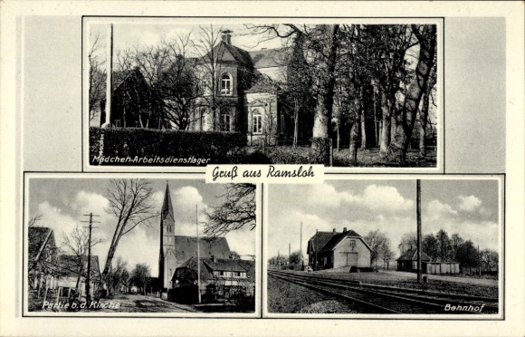 Postcard Ramsloh in Oldenburg Saterland, girls' labor camp, church, train station
