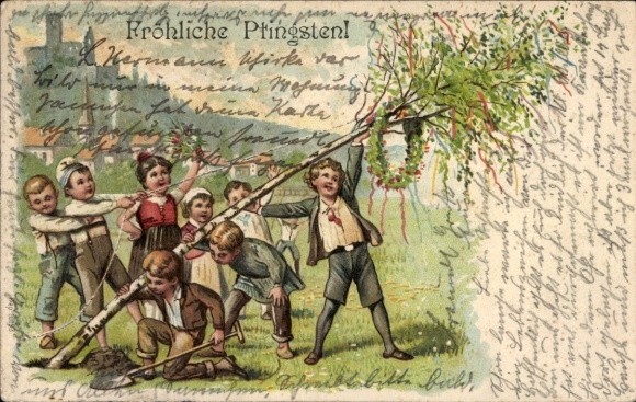Chromo-Litho congratulations, Pentecost, children, birch