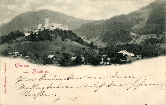 PC Aschau im Chiemgau Upper Bavaria, castle on a hill, green landscape, with greeting text