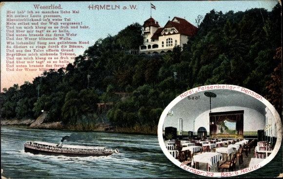Postcard Hamelin in Lower Saxony, Hotel Felsenkeller, Weserlied, steamer