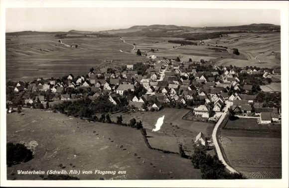 Postcard Westerheim in Württemberg, aerial photograph of the Swabian Alb