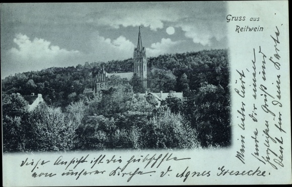 Moonlight Postcard Reitwein im Oderbruch, church with surroundings at night