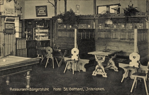 Postcard Interlaken Canton Bern Switzerland, Hotel St. Gotthard, interior view, billiards