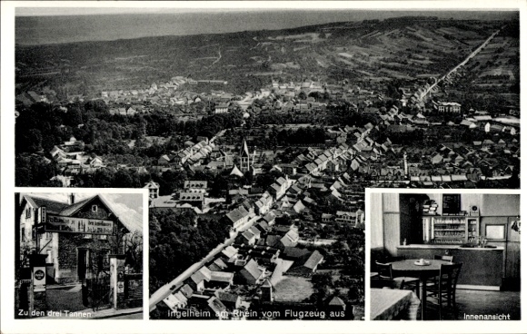 Postcard Ingelheim am Rhein, aerial view of Ingelheim, inn at the three firs, interior view