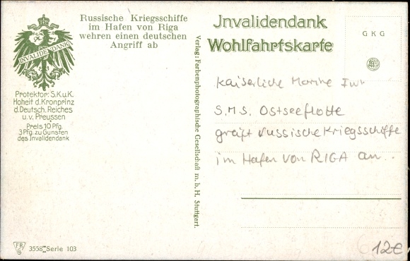 Postcard Deutsche Kriegsschiffe, attack on Russian warships in the port of Riga, Imperial Navy