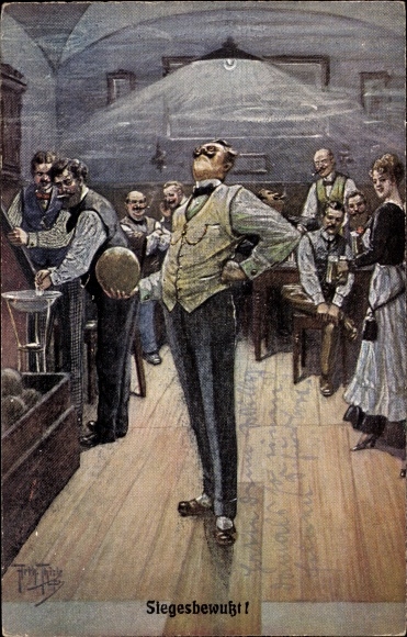 Artist PC Thiele, Arthur, conscious of victory, men bowling, bowling alley