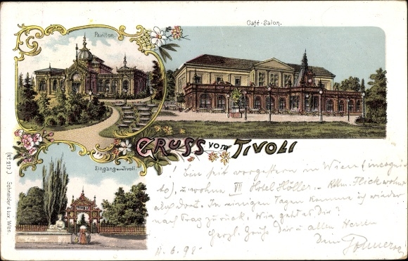 Litho Wien 12. Meidling Österreich, Tivoli, Pavillon, Cafe Salon, Eingang