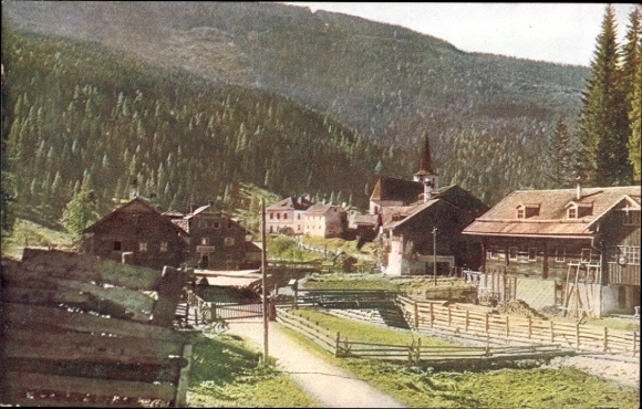 Ak Filzmoos in Salzburg, landschap met bergen, kerk, huizen, pad, bomen