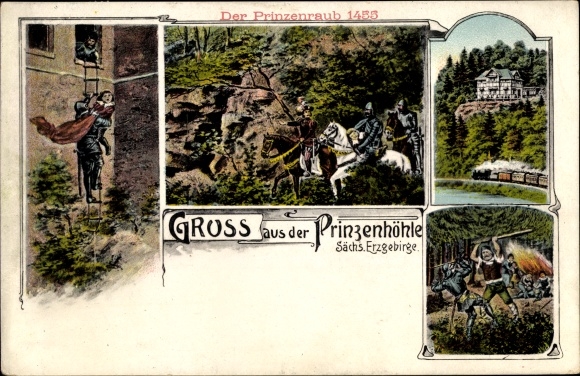 Künstler Ak Hartenstein Erzgebirge, Prinzenhöhle, Dampflok, Prinzenraub 1455 in Altenburg