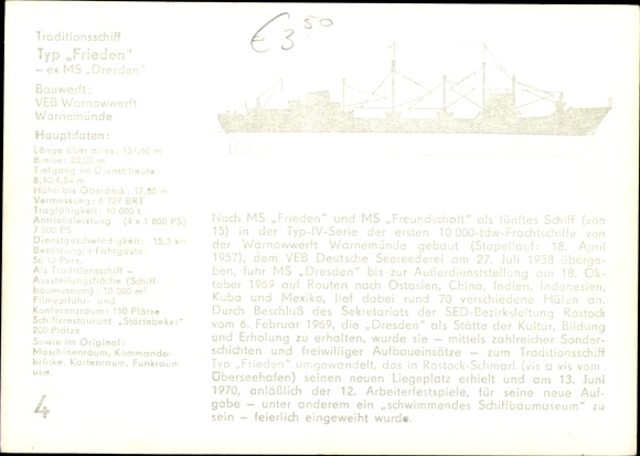 Postcard traditional ship type peace, former MS Dresden, DSR Rostock