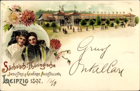 litho Leipzig, Saksische Thüringer industrie- en handelstentoonstelling 1897, vrouwen in klederdracht